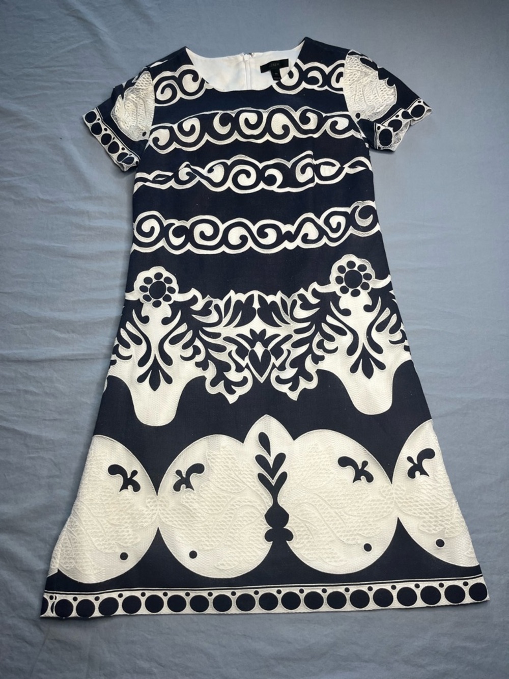 J. Crew Navy and White Patterned Short-Sleeve Midi Dress